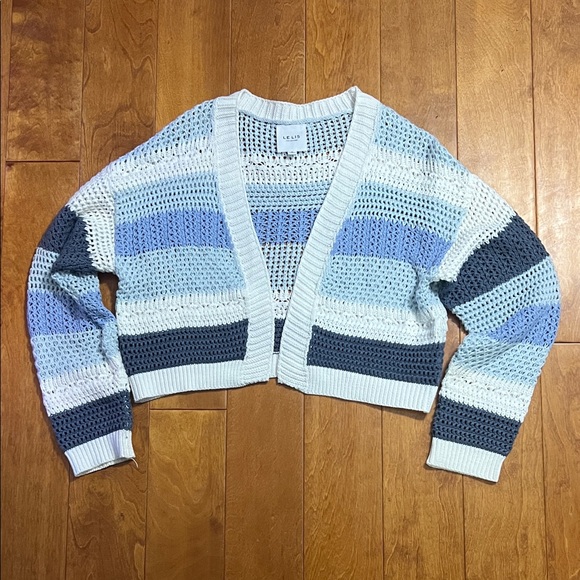 Le Lis Sweaters - Le Lis Collection Striped Striped Crochet Cardigan Sz M Blue Coastal Boho Cozy